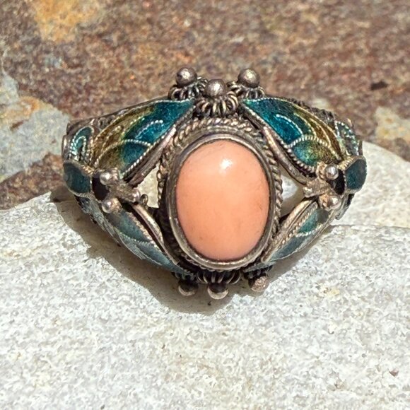 Vintage Sterling Silver Chinese Export Coral Cloisonné Ring 9 - Picture 1 of 10